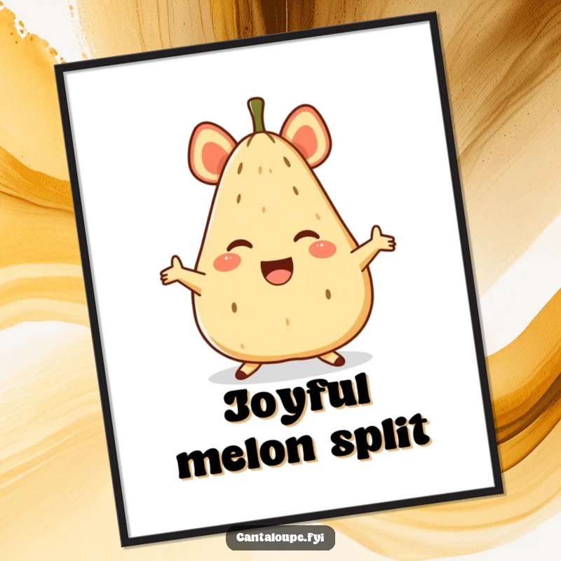 Funny digital art print of a happy anthropomorphic cantaloupe character performing an impressive, joyful split, full of humor.
