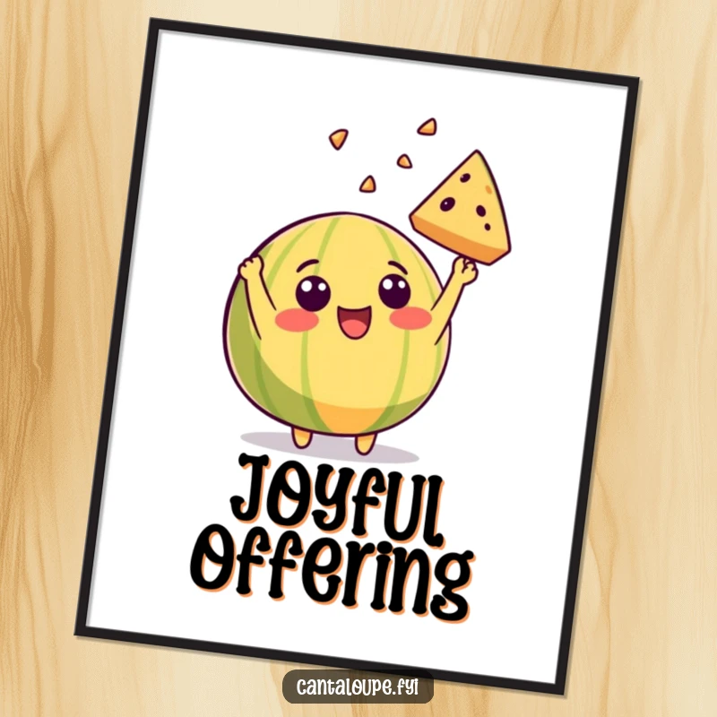 Funny digital art print of a cantaloupe character beaming with joy as it excitedly throws a slice of itself into the air.