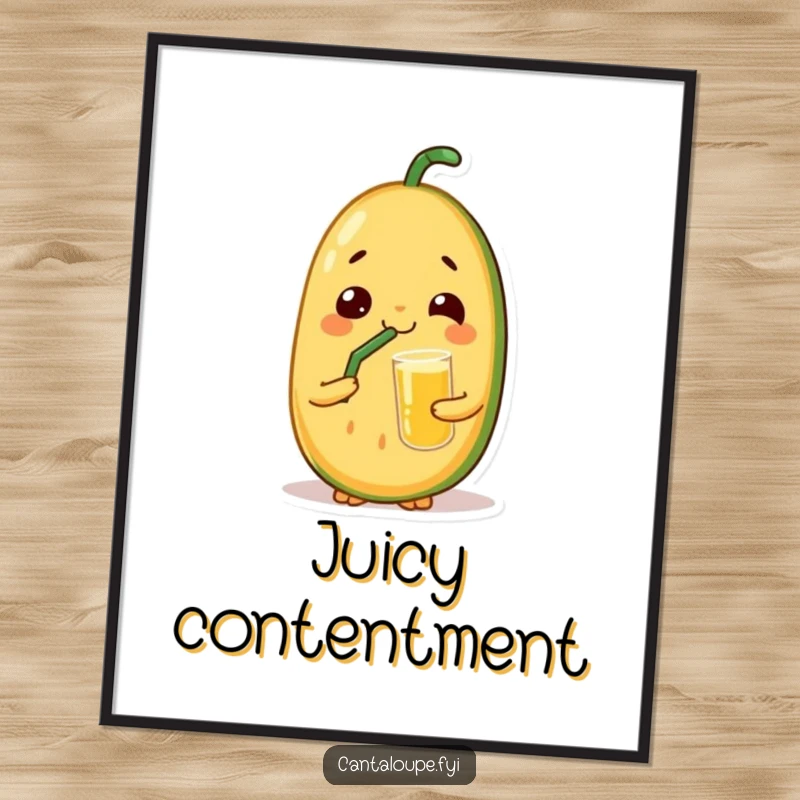 Funny digital art print of a cantaloupe character with a satisfied look, sipping juice through a straw, ready for instant download and display.