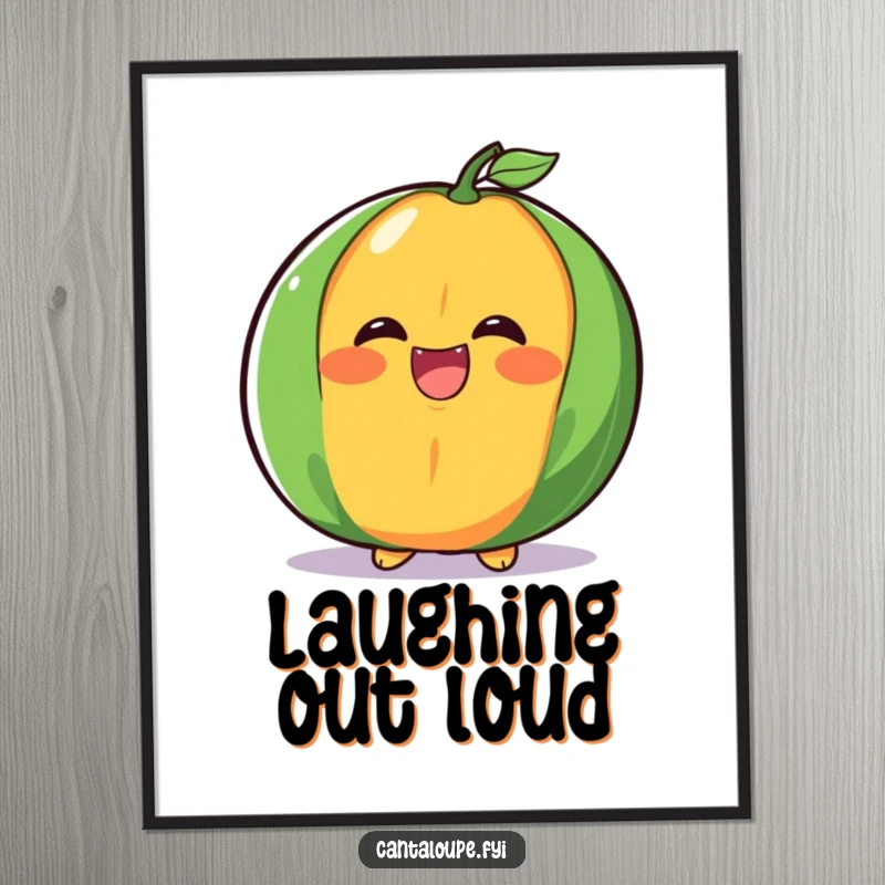 Funny cantaloupe half digital art print, caught mid-giggle with a big, juicy laugh, ready for instant download and display.