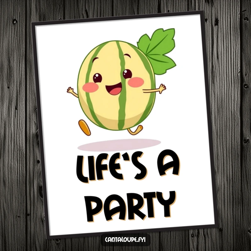 Funny Cantaloupe Digital Art Print of a cantaloupe segment character performing a delightful bouncy step, radiating happiness.