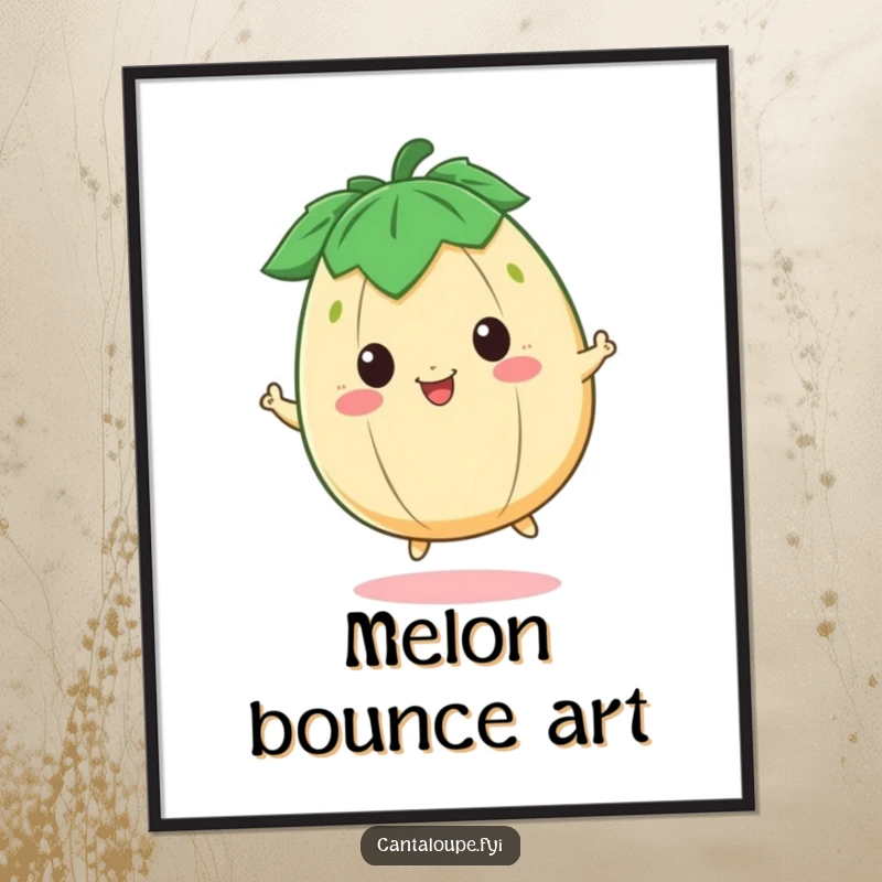 Funny Digital Art Print of a happy cantaloupe character bouncing with pure joy, perfect for cheerful decor.