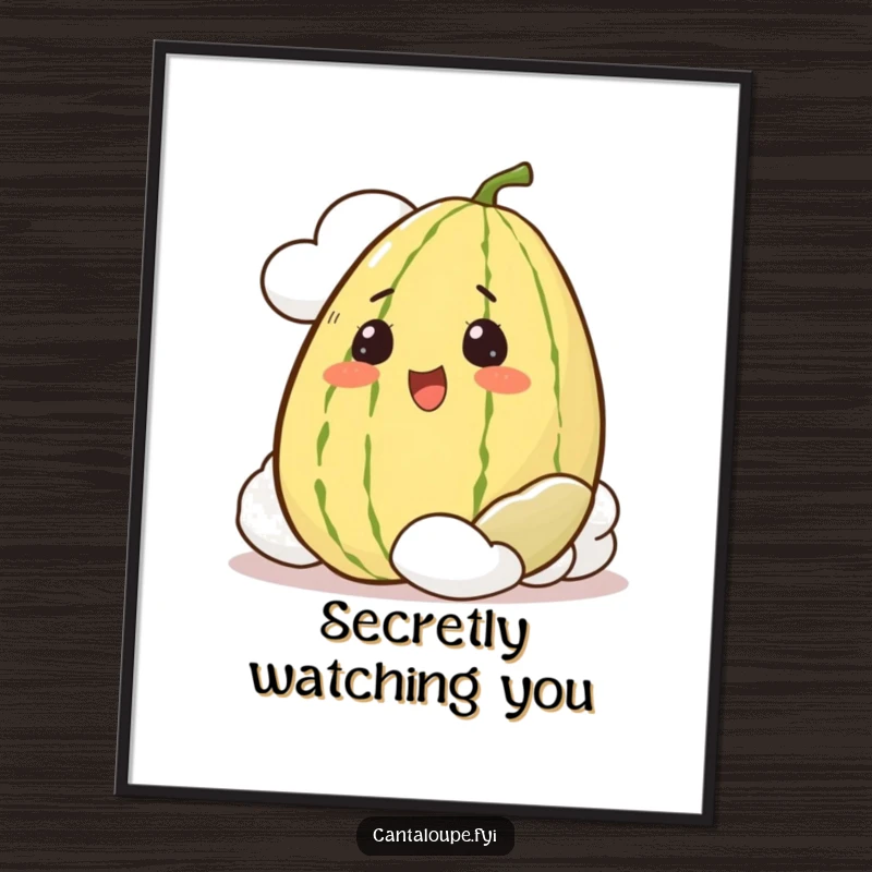 Funny Digital Art Print of a whole cantaloupe character with an excited expression, peeking playfully from behind a cloud.