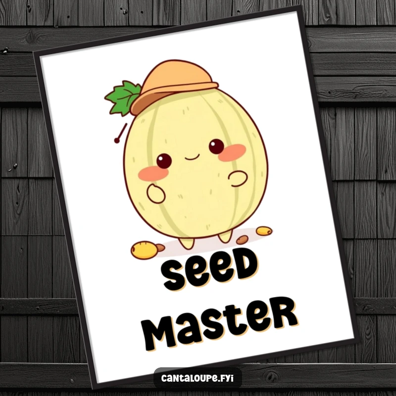Funny Cantaloupe Juggler Digital Art: High-resolution art of a cantaloupe character in a tiny hat, skillfully juggling seeds, perfect for digital display and art lovers.