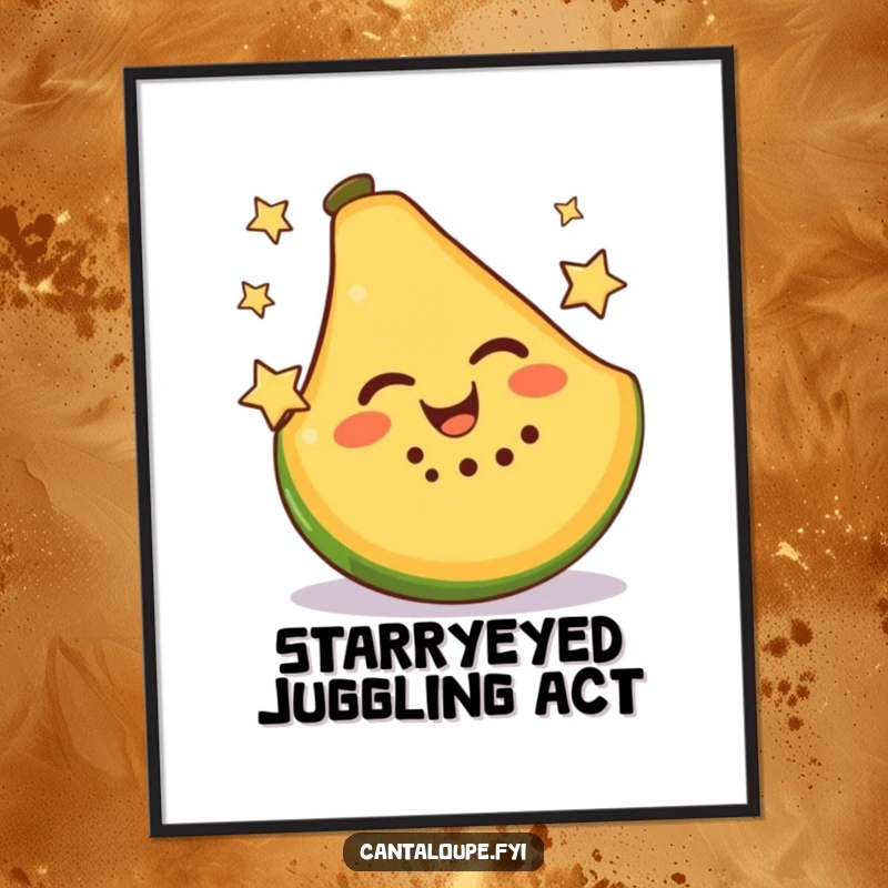 Funny Digital Art Print of a joyful cantaloupe slice artistically juggling two tiny, bright stars, full of playful energy.