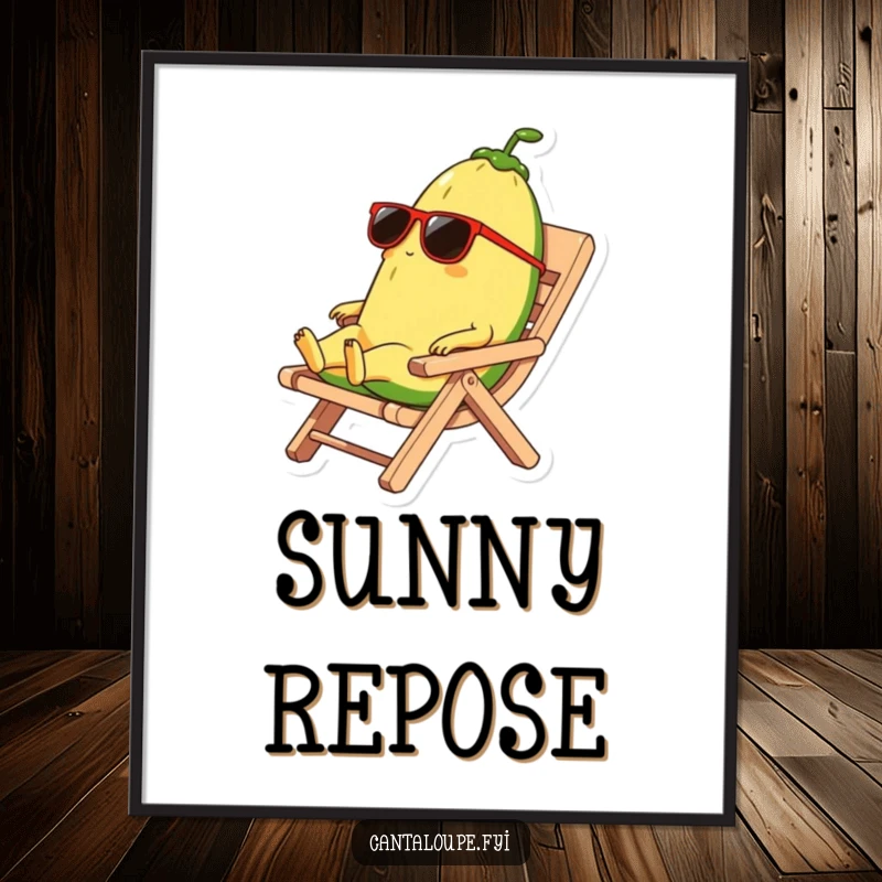 Funny digital art print of a cantaloupe character wearing sunglasses and relaxing on a rind beach chair, embodying ultimate cool.