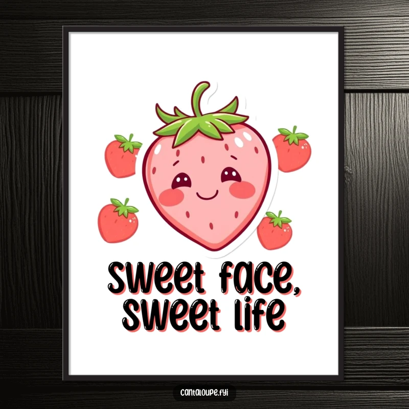 Funny digital art print of a happy strawberry character making a silly face, ideal for humorous online sharing or display.