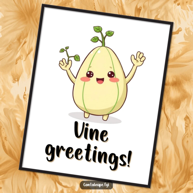 Funny Digital Art Print: A vibrant cantaloupe character with vine arms waves hello, radiating joy. An easy funny gift.
