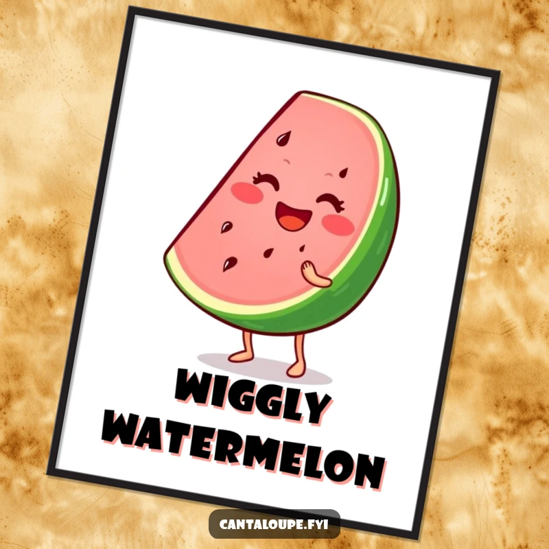 Funny digital art print of a smiling watermelon wedge character wiggling enthusiastically, offering instant summer cheer and playful decor.