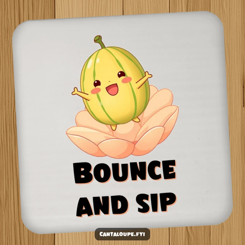 Funny cantaloupe character bouncing on a soft petal on a drink coaster, adding playful charm and surface protection.