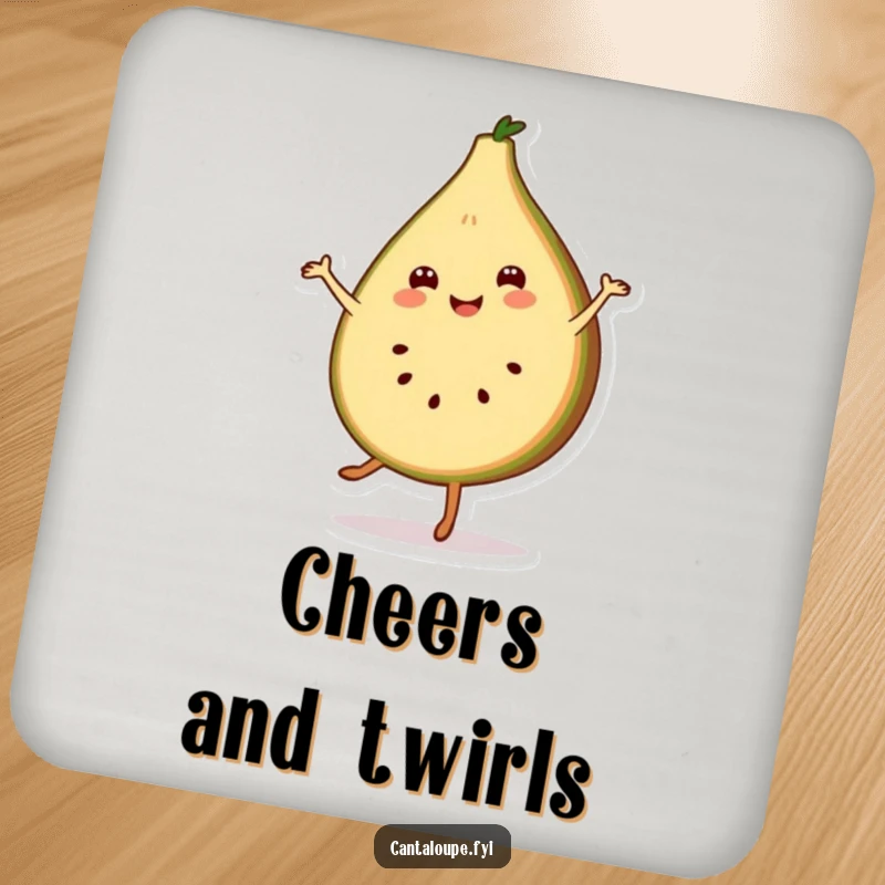 Funny coaster depicting a smiling cantaloupe slice character in a cheerful pirouette, protecting tables from moisture.