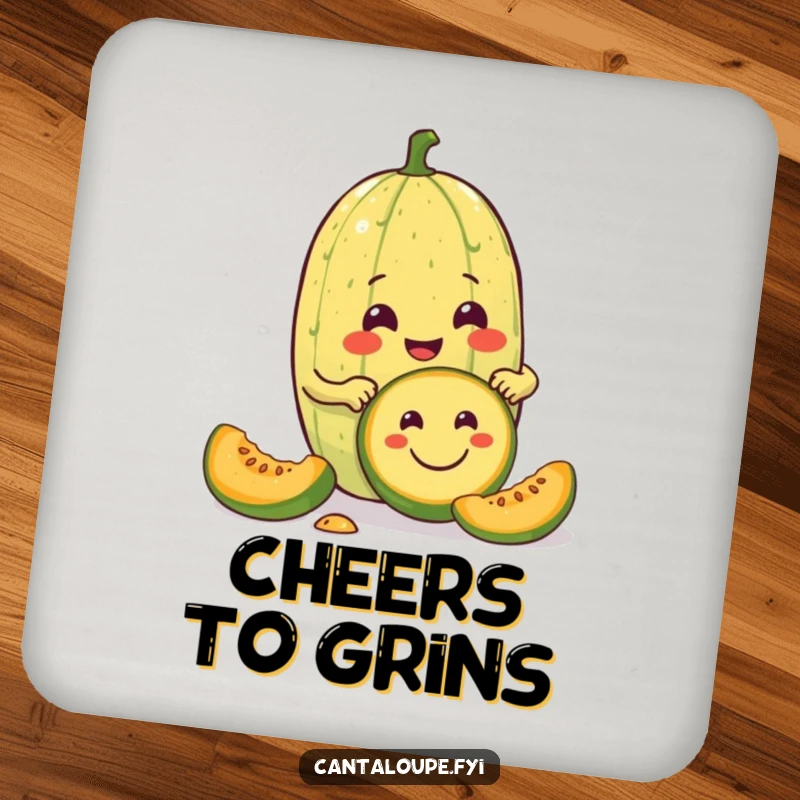 Funny coaster featuring a cantaloupe character enthusiastically carving a smiley face into a smaller melon, bringing artistic flair to your drink.