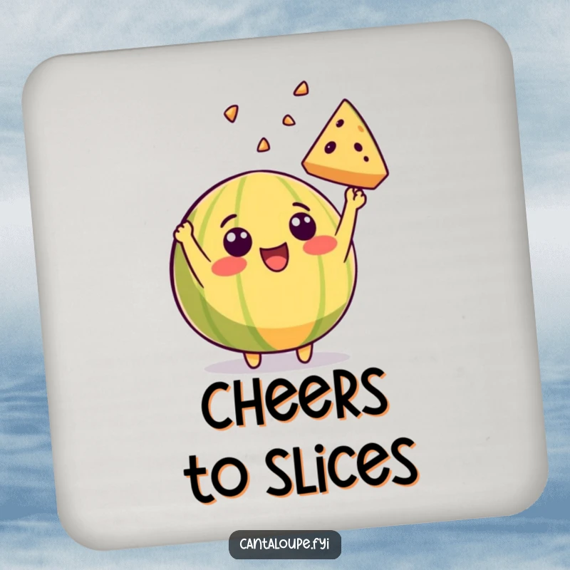 Funny coaster featuring a beaming cantaloupe character excitedly throwing a slice of itself into the air, bringing celebration to your drink.