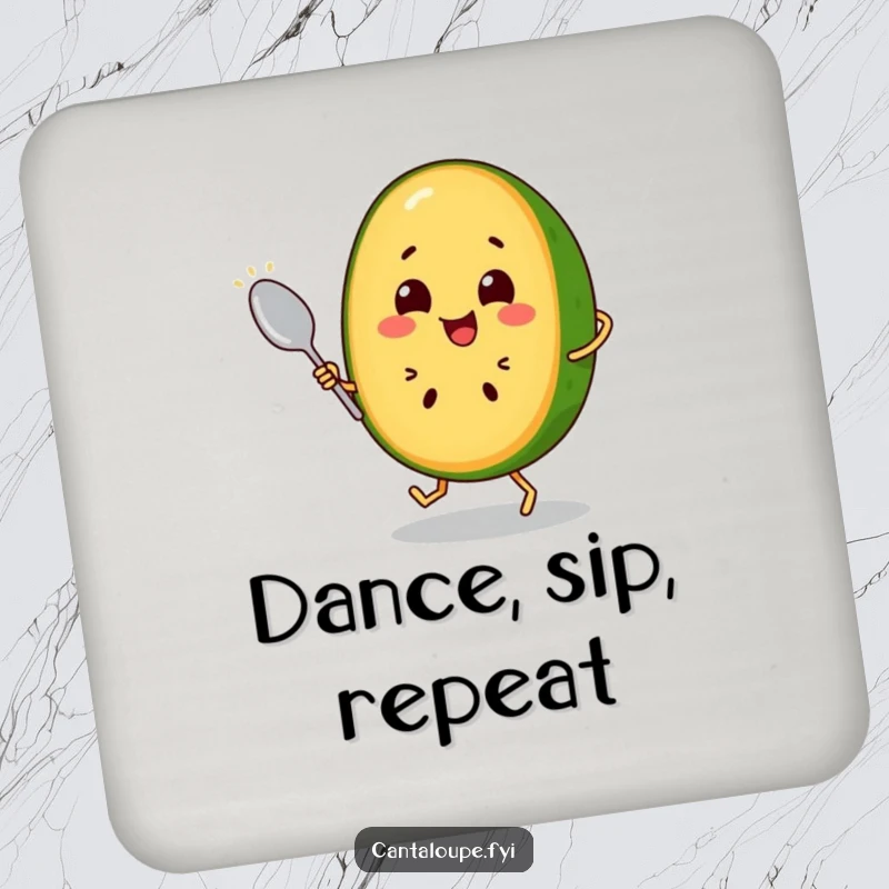 Funny Cantaloupe Slice Coaster: A happy cantaloupe character dances with a spoon, adding a humorous and protective element to any table setting. Dance on.