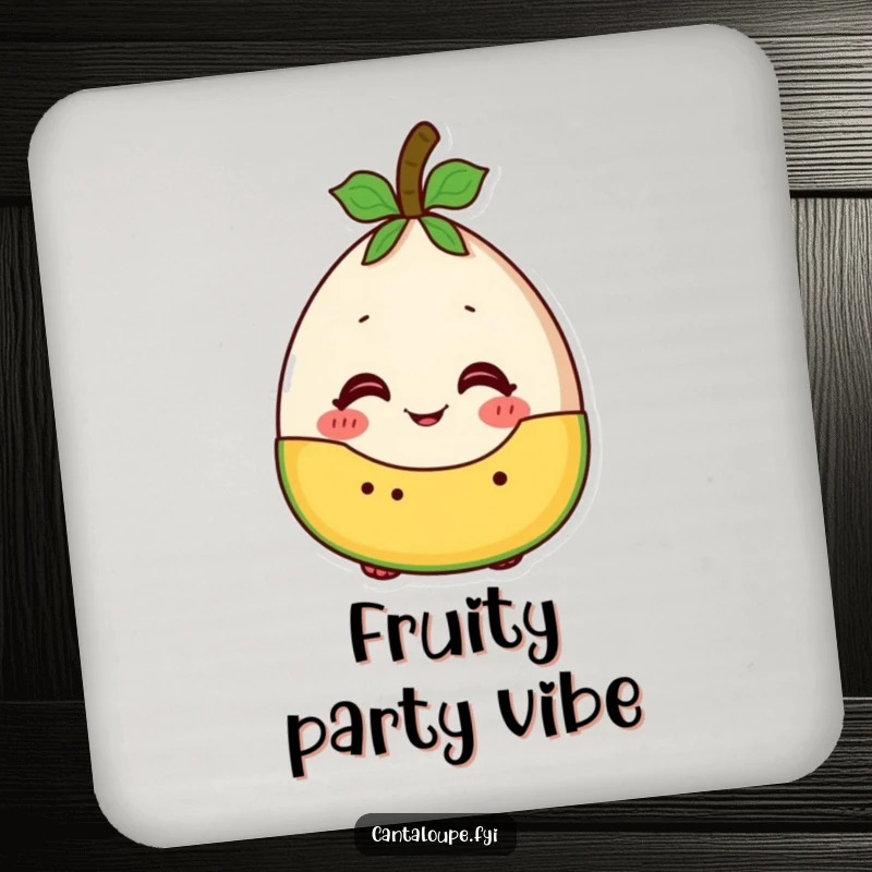 Funny cantaloupe character looking excited to be part of a fruit salad, a humorous coaster for table protection.