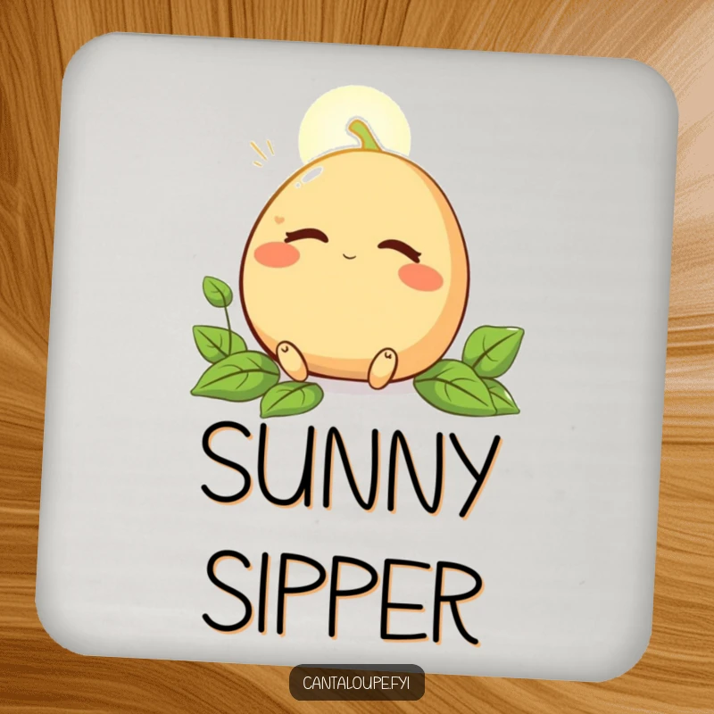 Funny drink coaster featuring a cantaloupe character peacefully enjoying a sunbeam with closed eyes, protecting surfaces with humor.
