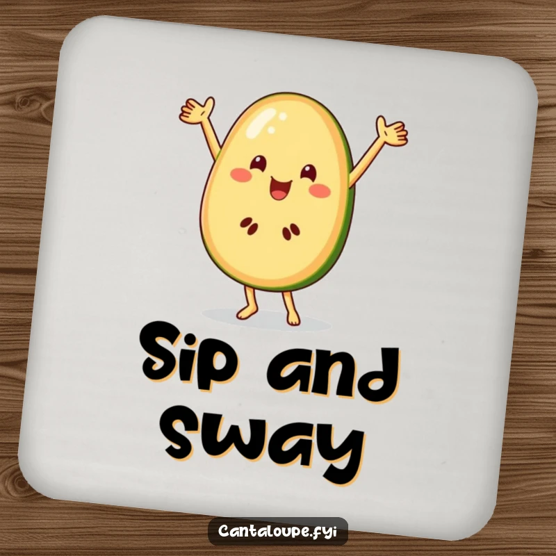 Funny cantaloupe character dancing on a drink coaster, adding unexpected joy to tabletops.