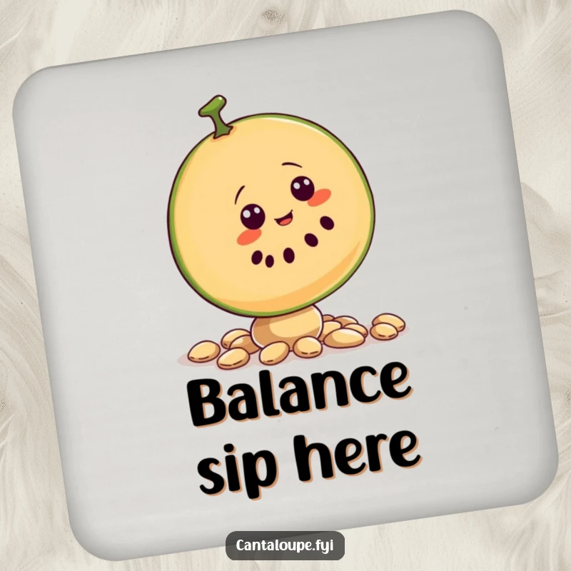 Funny coaster featuring a cantaloupe slice character precariously balancing on seeds, protecting tables from moisture.