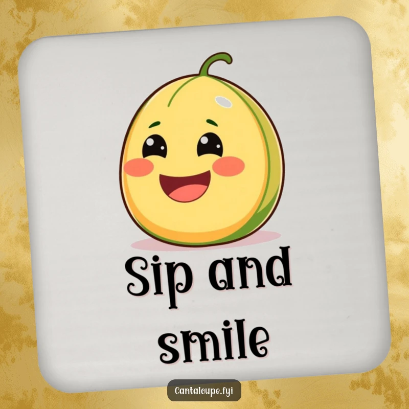 Funny Cantaloupe Drink Coaster featuring a comically wide-smiling character, bursting with juiciness, protecting surfaces in style.