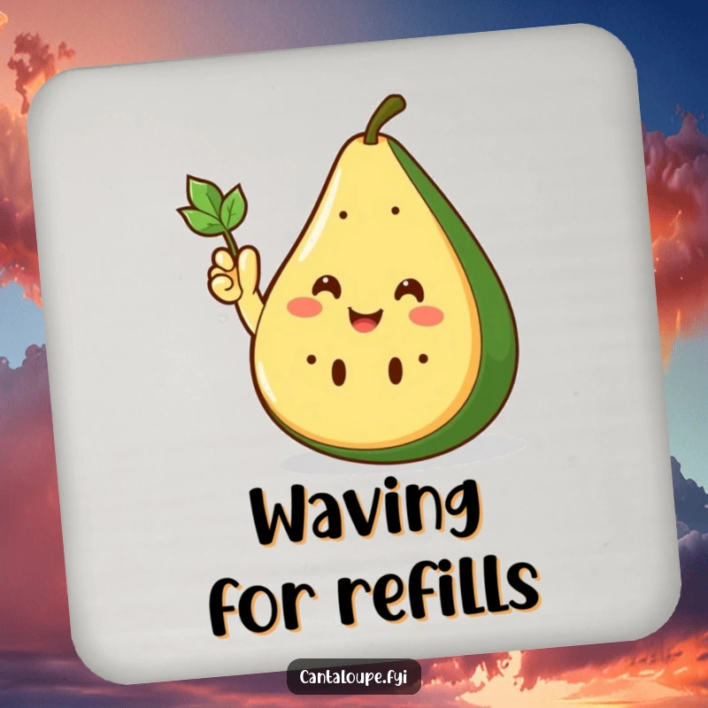 Funny Drink Coaster showcasing a smiling cantaloupe wedge enthusiastically waving with its small leafy hand, offering cheerful protection.