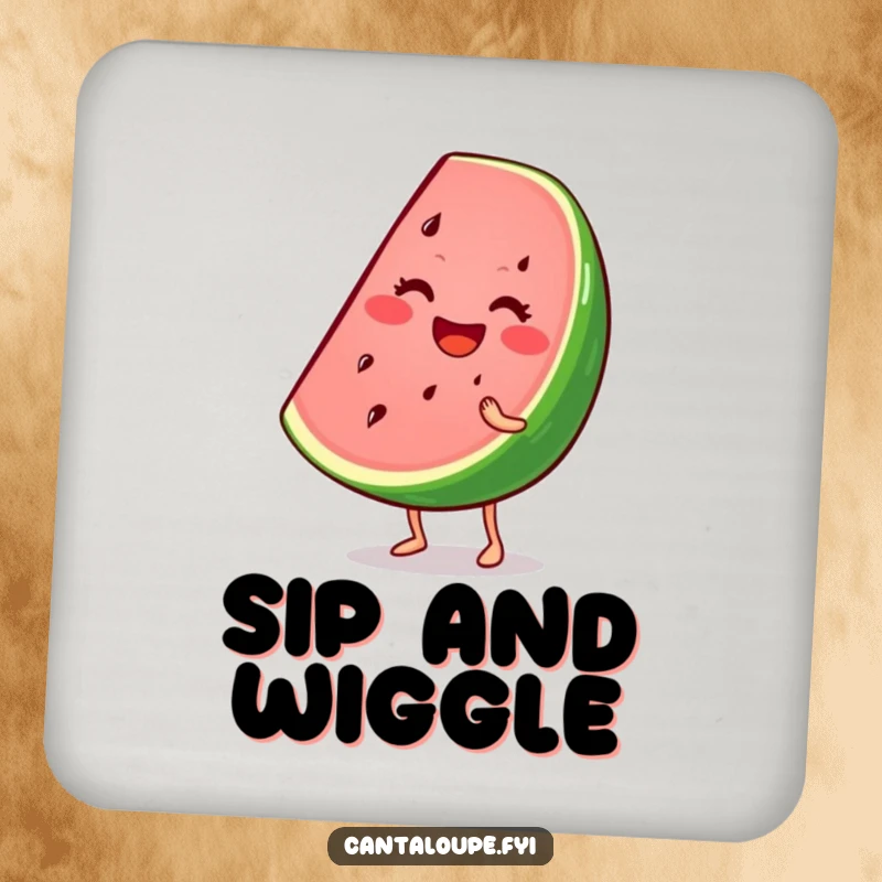 Funny drink coasters featuring a smiling watermelon wedge character wiggling, adding summer fun and humor to tabletops.