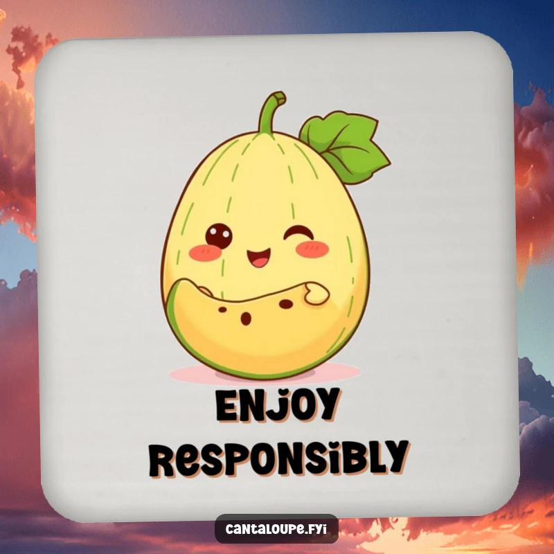 Funny Drink Coaster: An anthropomorphic cantaloupe cheerfully offers a slice of itself, adding fruity humor and protecting surfaces.