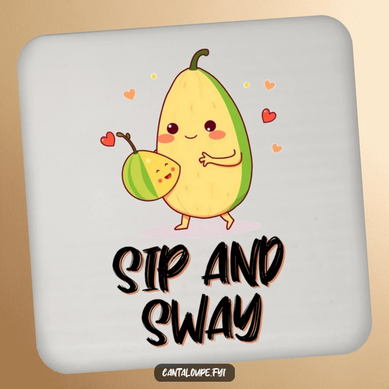 Funny Drink Coaster: An anthropomorphic cantaloupe dances a merry waltz with another fruit, adding fruity humor and protecting surfaces.