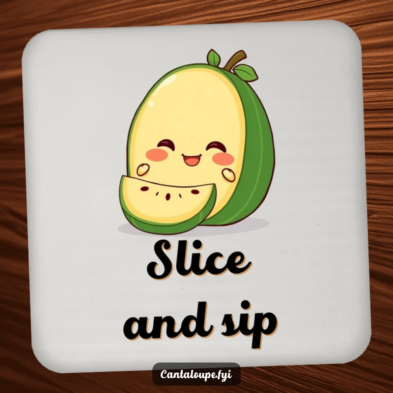 Funny Gleeful Cantaloupe Coaster: A coaster featuring a cantaloupe character with a gleeful expression as it's gently sliced, designed to protect surfaces humorously.