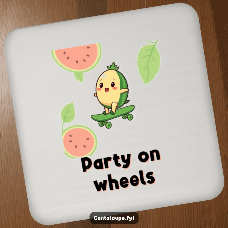 Funny coasters featuring a cantaloupe character riding a giant watermelon like a skateboard, protecting surfaces with radical fruity fun.