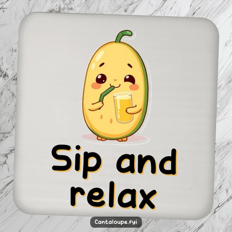 Funny coasters featuring a cantaloupe character with a satisfied look, sipping juice through a straw, protecting surfaces with relaxed charm.