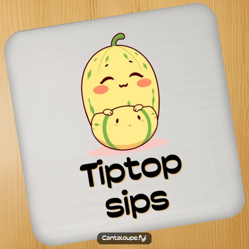 Funny cantaloupe character winking while balancing a smaller melon, a humorous coaster for table protection.