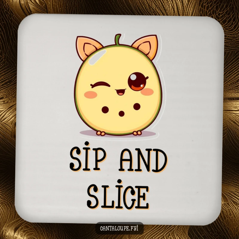 Funny Cantaloupe Coaster: A drink coaster featuring a winking cantaloupe wedge, offering humorous protection for surfaces.