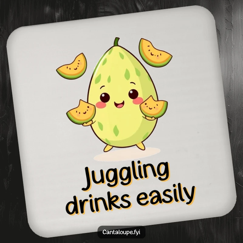 Funny Coaster: A cantaloupe juggles smiling melon wedges with impressive skill. A unique funny gift.