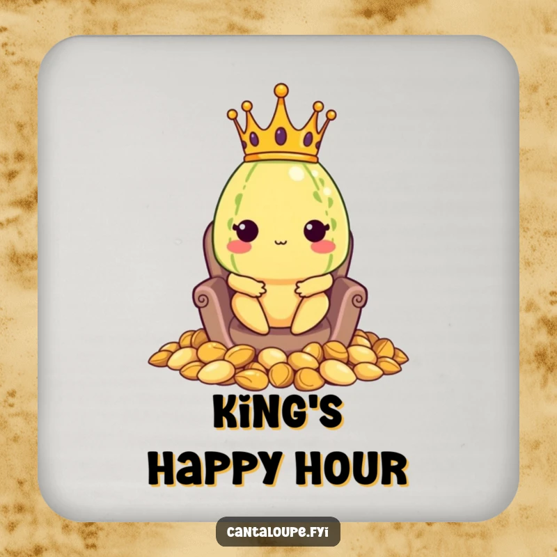 Funny coasters featuring a crowned cantaloupe character seated on a throne made of seeds, protecting surfaces with royal charm.