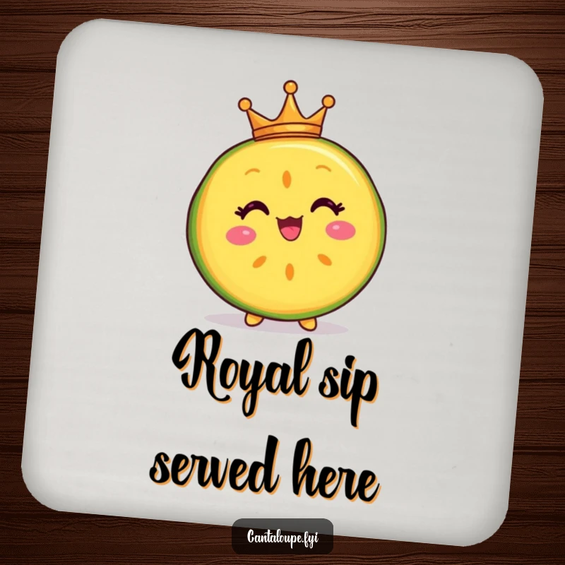 Funny drink coaster depicting a delighted cantaloupe slice character wearing a tiny crown, adding a touch of regal humor to tabletops.