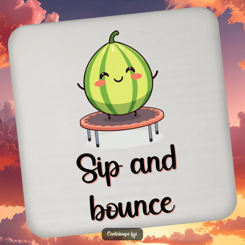 Funny drink coaster featuring a smiling cantaloupe segment bouncing on a trampoline, a humorous table accessory.