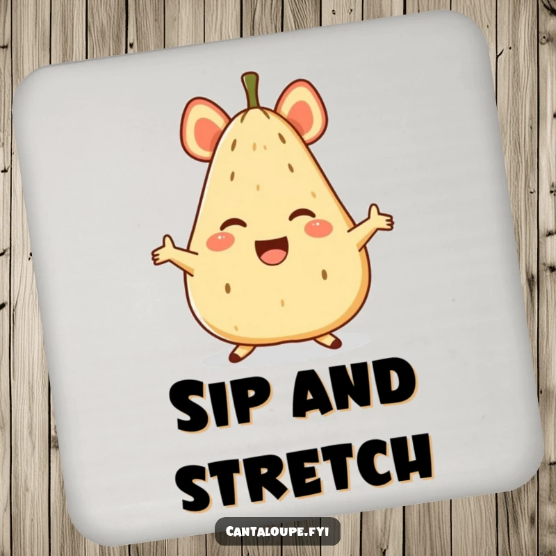Funny coaster depicting a jubilant anthropomorphic cantaloupe character in a wide, joyful split, protecting surfaces.