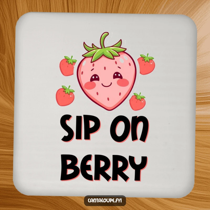 Funny drink coaster featuring a happy strawberry character with a silly face, protecting surfaces with humorous charm.