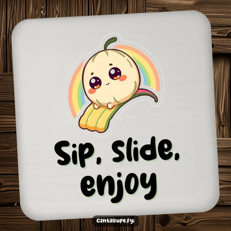 Funny Drink Coaster showcasing a tiny, happy cantaloupe character sliding down a bright rainbow, adding cheerful protection.