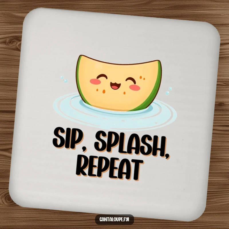 Funny drink coaster depicting a giggling cantaloupe slice character bobbing in water, adding a humorous and refreshing touch to tabletops.