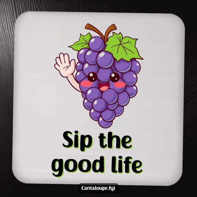 Funny drink coasters featuring a cute grape bunch character giving a friendly wave, adding fruity humor to tabletops.