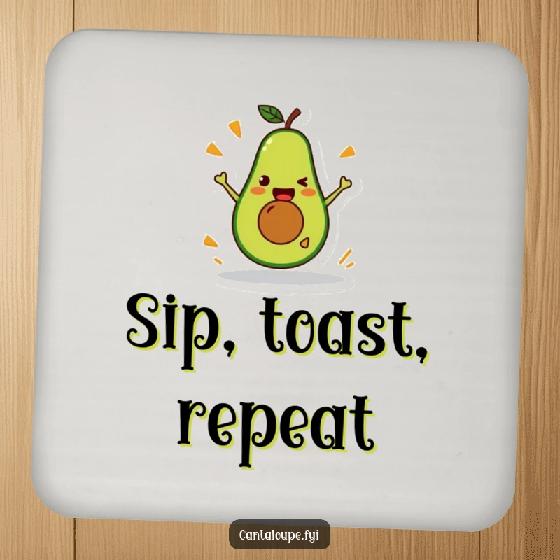 Funny Avocado Coaster: A coaster featuring a happy avocado character performing a stunt, protecting furniture with humor.