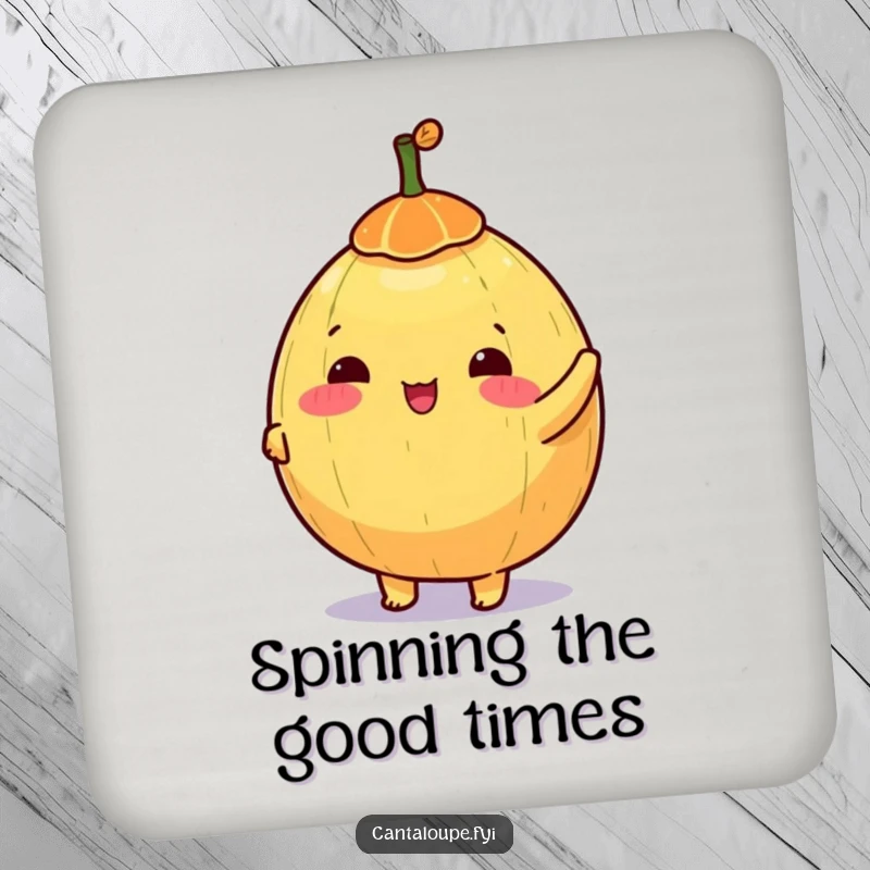 Funny drink coaster featuring a happy anthropomorphic cantaloupe character spinning a colorful top, protecting surfaces.
