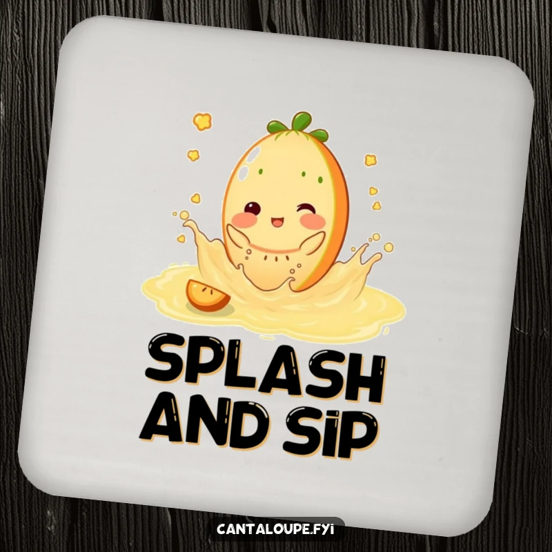 Funny Coaster: Cantaloupe character splashing playfully in sweet juice, protecting surfaces with summer cheer.