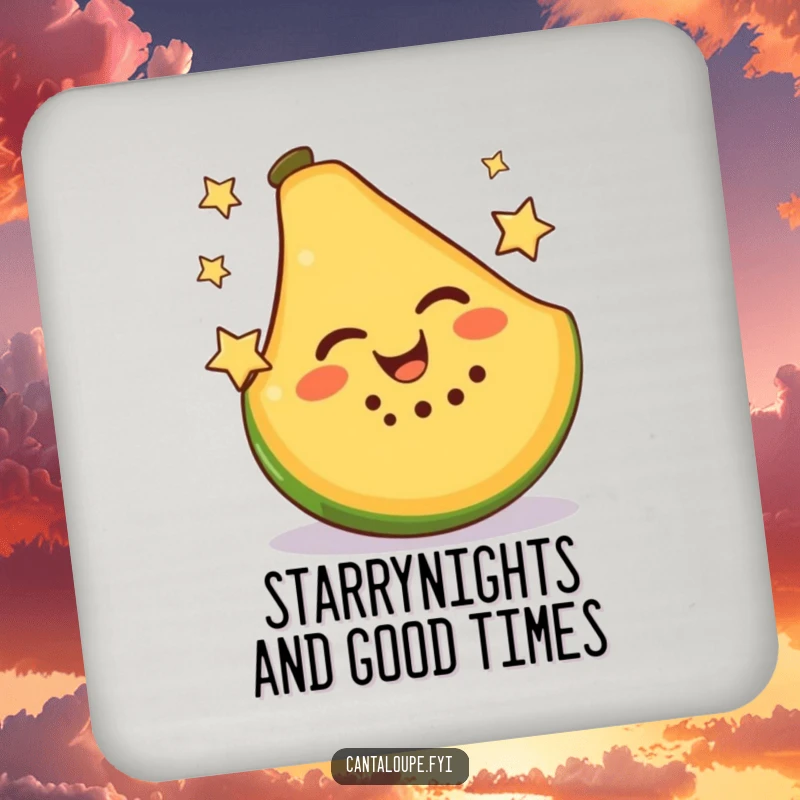 Funny Drink Coaster featuring a smiling cantaloupe slice energetically juggling two small stars, protecting your surfaces with humor.