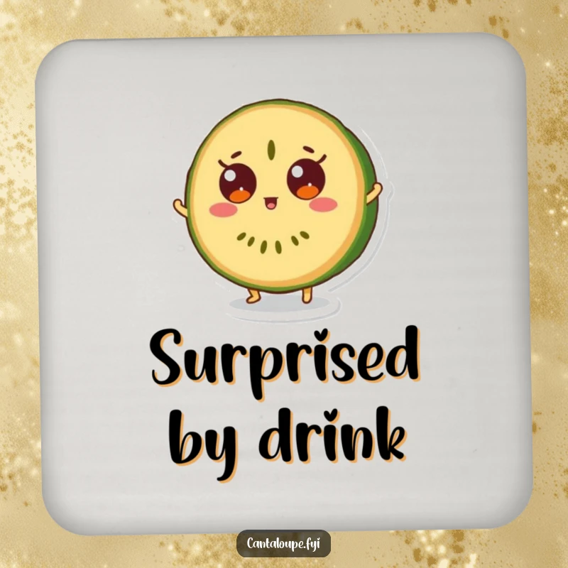 Funny coaster featuring a cantaloupe slice character mid-bounce, eyes wide with surprise, protecting surfaces.