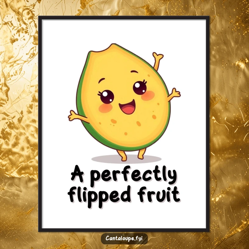 Funny Cantaloupe Slice Poster: A joyful cantaloupe character is frozen mid-somersault, creating a dynamic and humorous visual for wall decor.