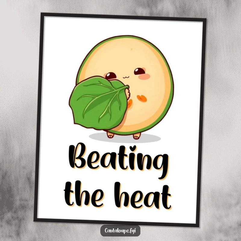 Funny Cantaloupe Poster: Artwork of a cantaloupe slice fanning itself with a large leaf, conveying a cool, relaxed, and humorous mood.