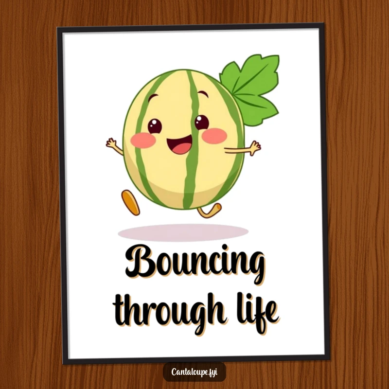 Funny Cantaloupe Poster displaying a happy cantaloupe segment character in a dynamic, bouncy step, perfect wall art.