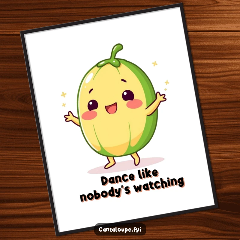 Funny Cantaloupe Poster of a character doing a silly dance, dusted with sugar, bringing sweet, rhythmic energy to any room.